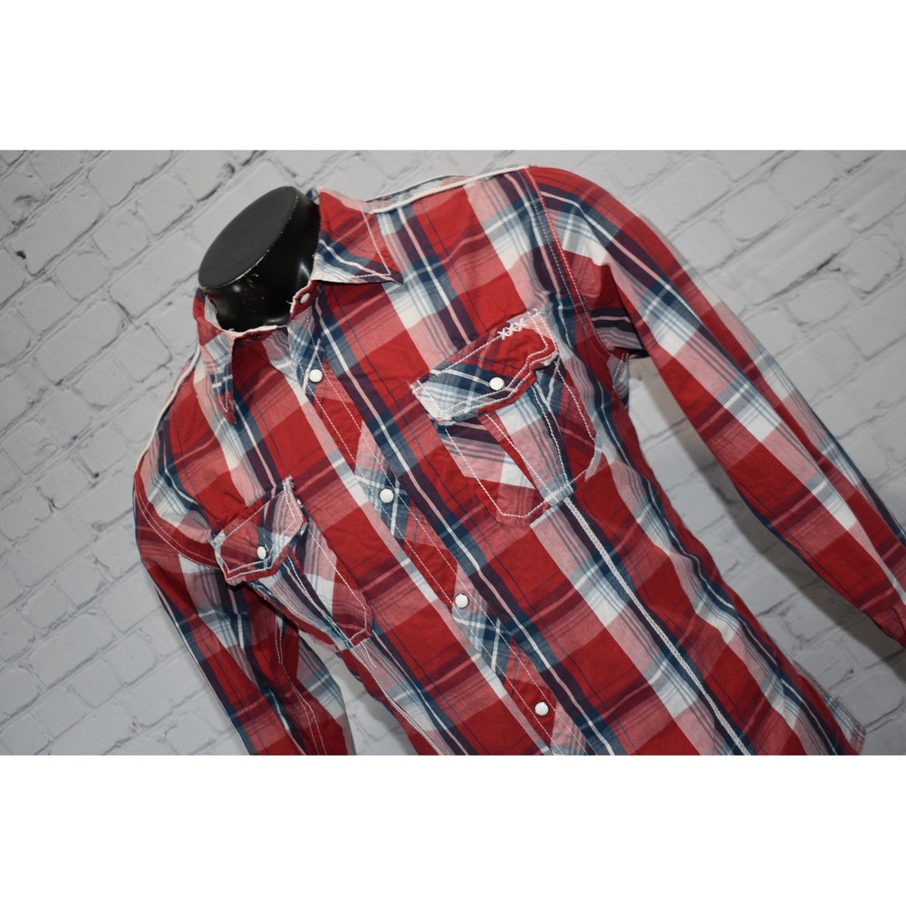 BKE Buckle Shirt Mens Large Red Plaid Athletic Fit Western Pearl Button Snaps